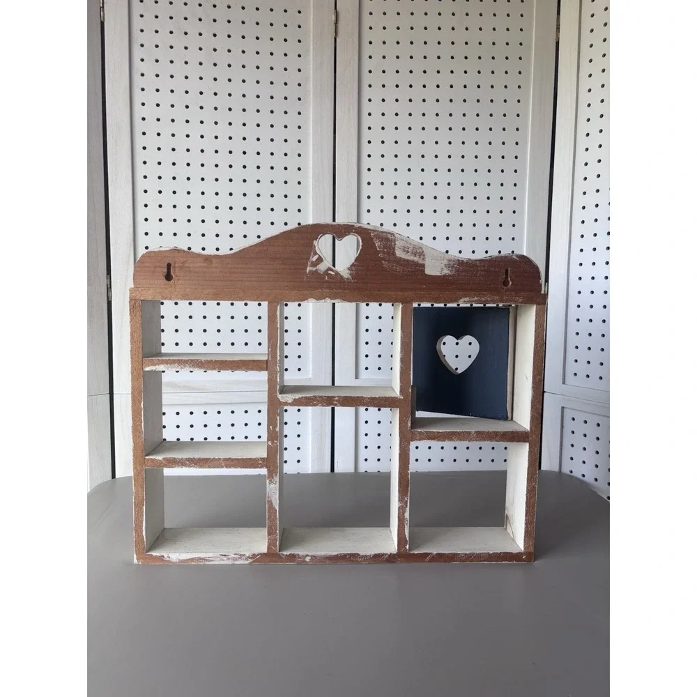 Wooden Heart Cutout Wall Trinket Shelf Rustic Painted Cottacore Blue Ivory